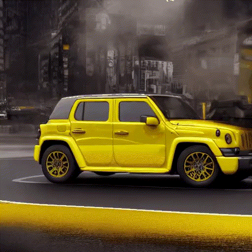 A_gigantic_yellow_jeep_slowly_turns_on_a_wide,_smooth_road_in_the_city..gif