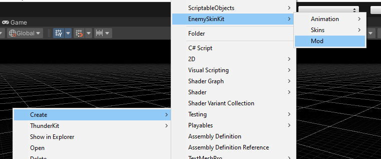 Location of the create mod option in the project window's context menu