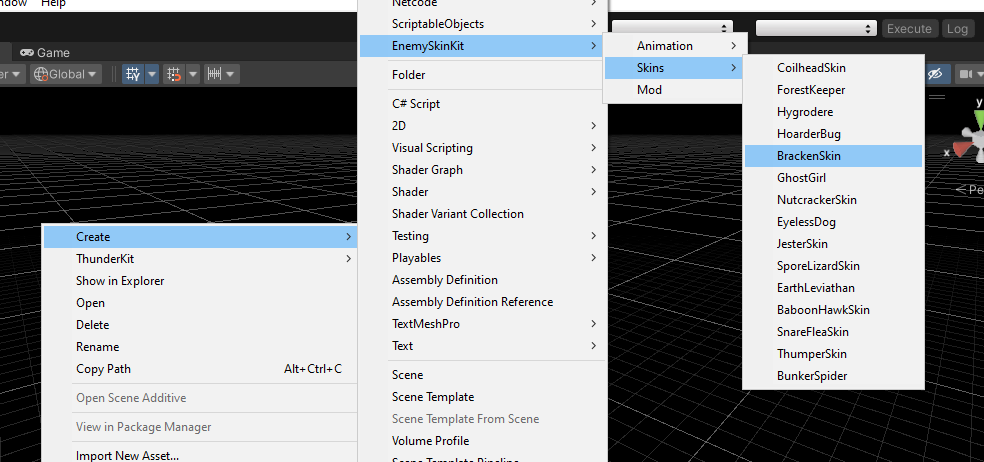 Location of the Skin Creation option in the Project Window's context menu