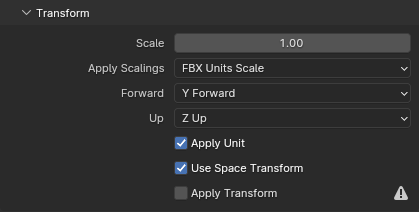 Blender export settings - Y forward, Z up, FBX units scale, scale 1.0