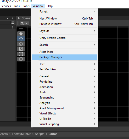 Location of the package manager in Unity's GUI