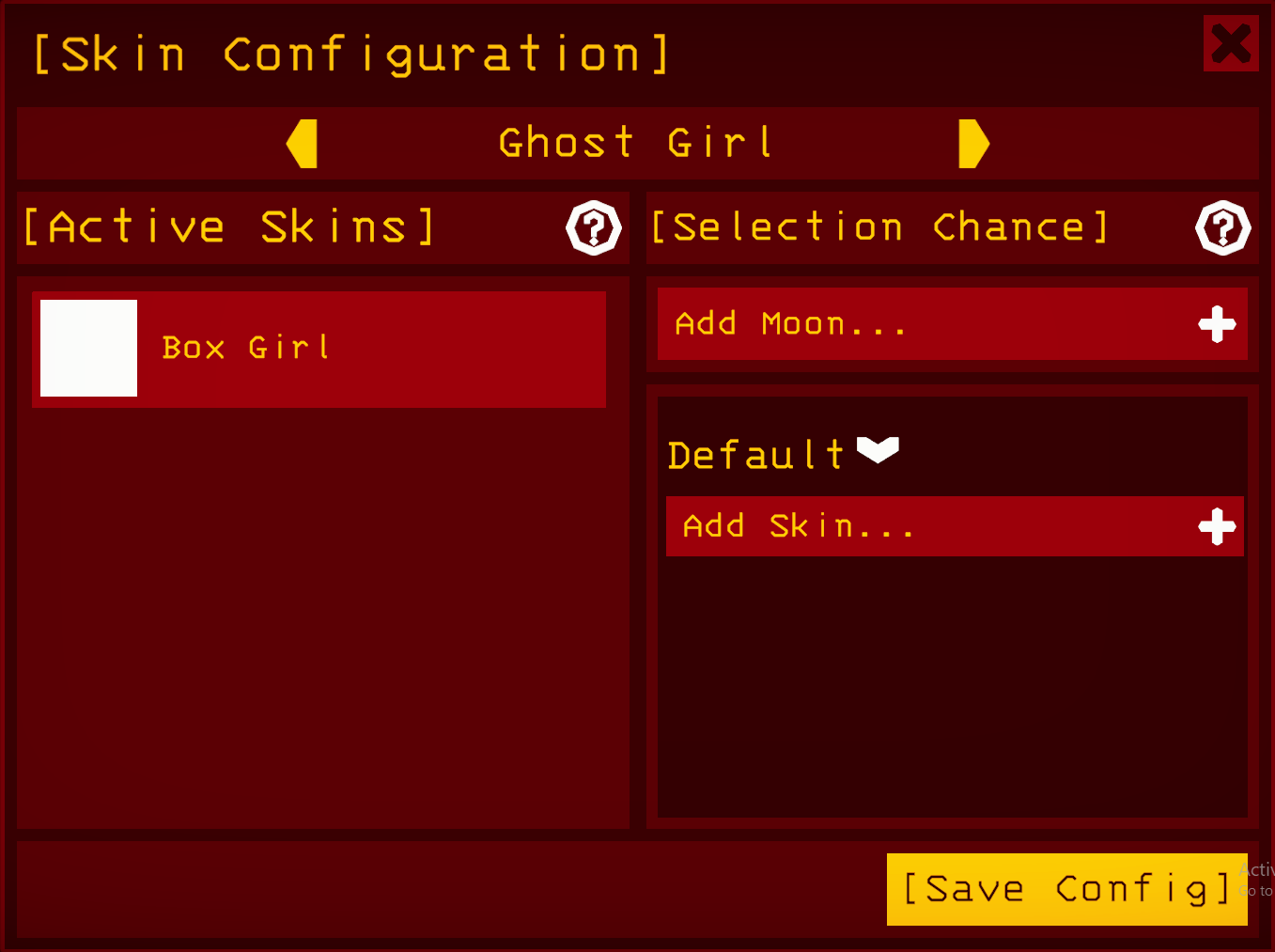 The skin configuration menu showing an alternate enemy configuration