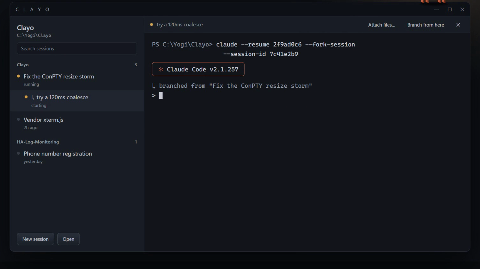The Clayo window: sessions on the left, a branched session in the terminal on the right