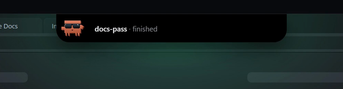 The island: "docs-pass · finished"