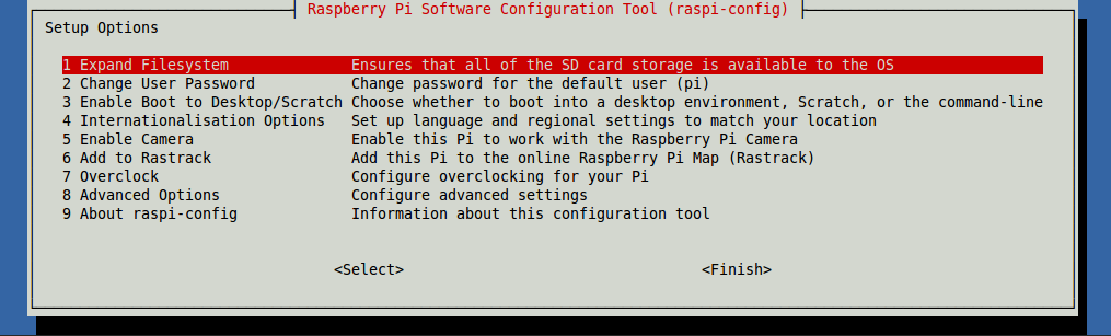 raspi-config menu