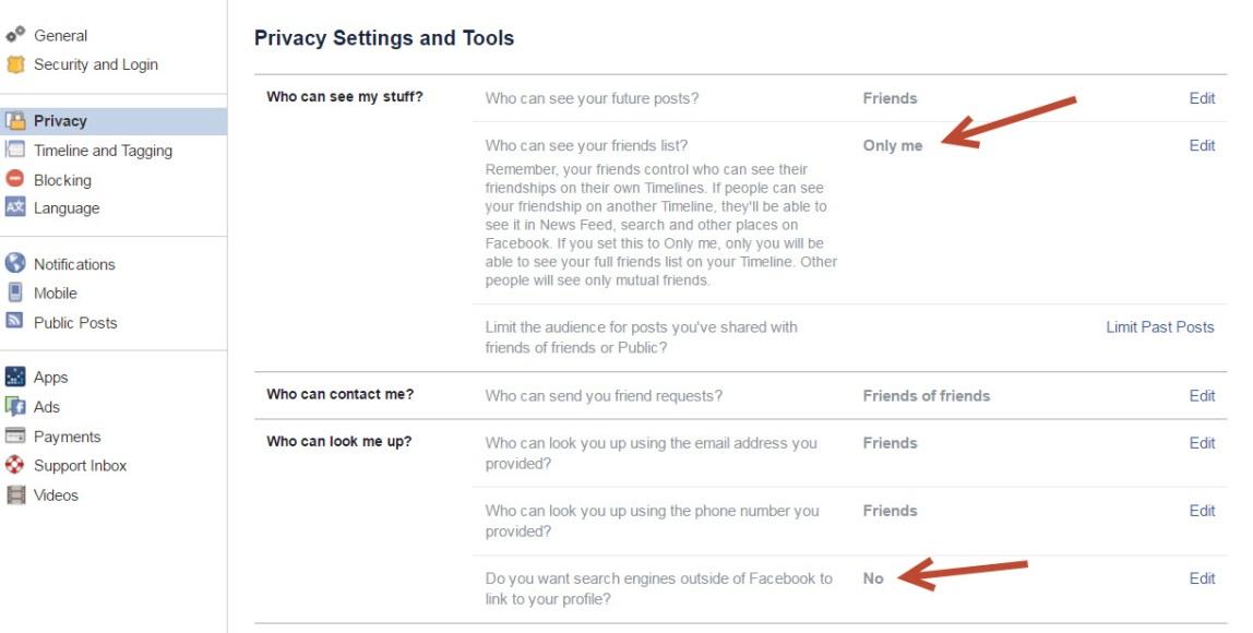 Privacy Settings and Tools page highlighting friends list and search engine settings