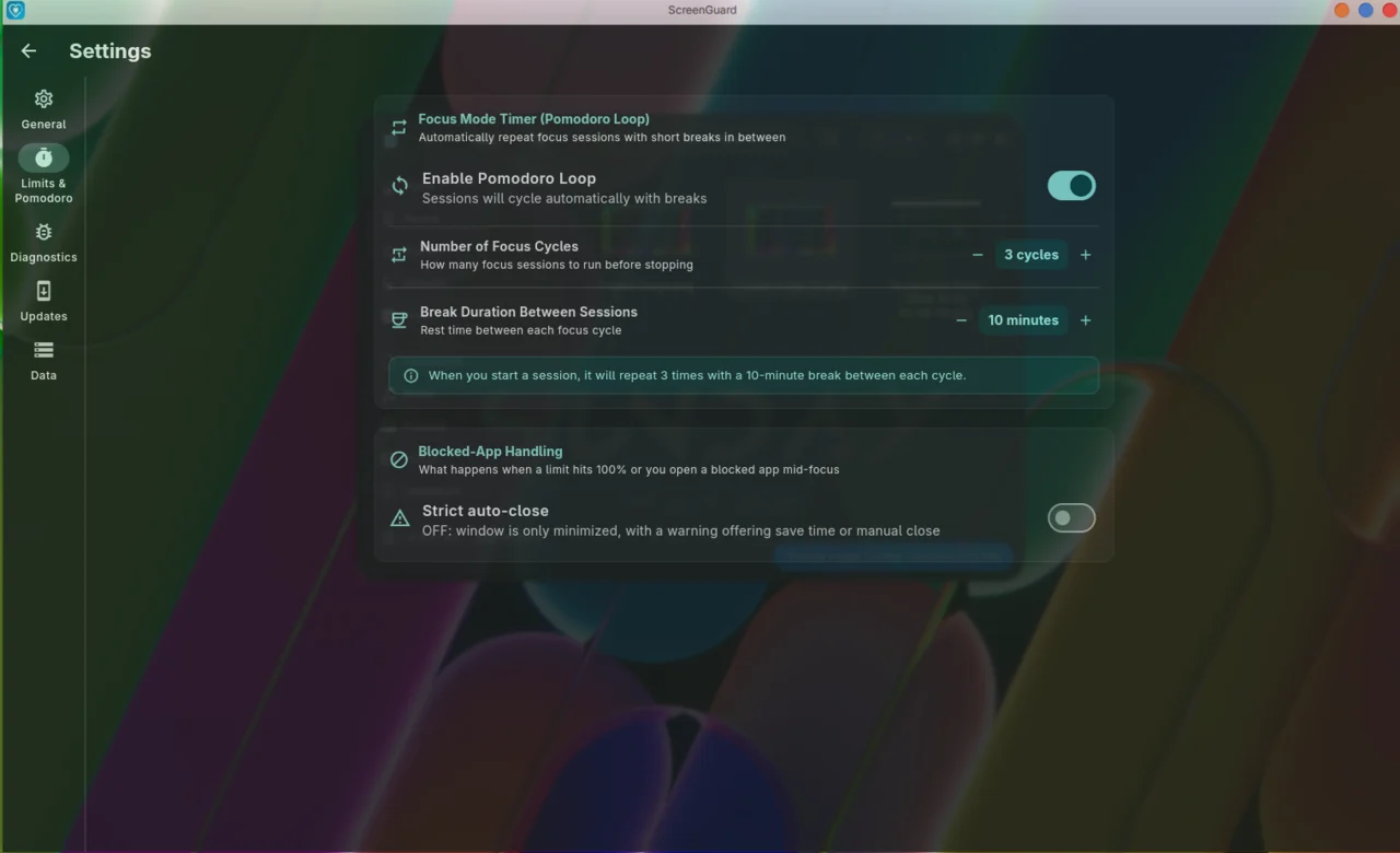 Settings — Limits & Pomodoro