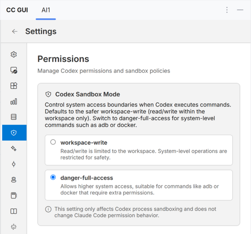 CC GUI Codex Sandbox Mode set to danger-full-access