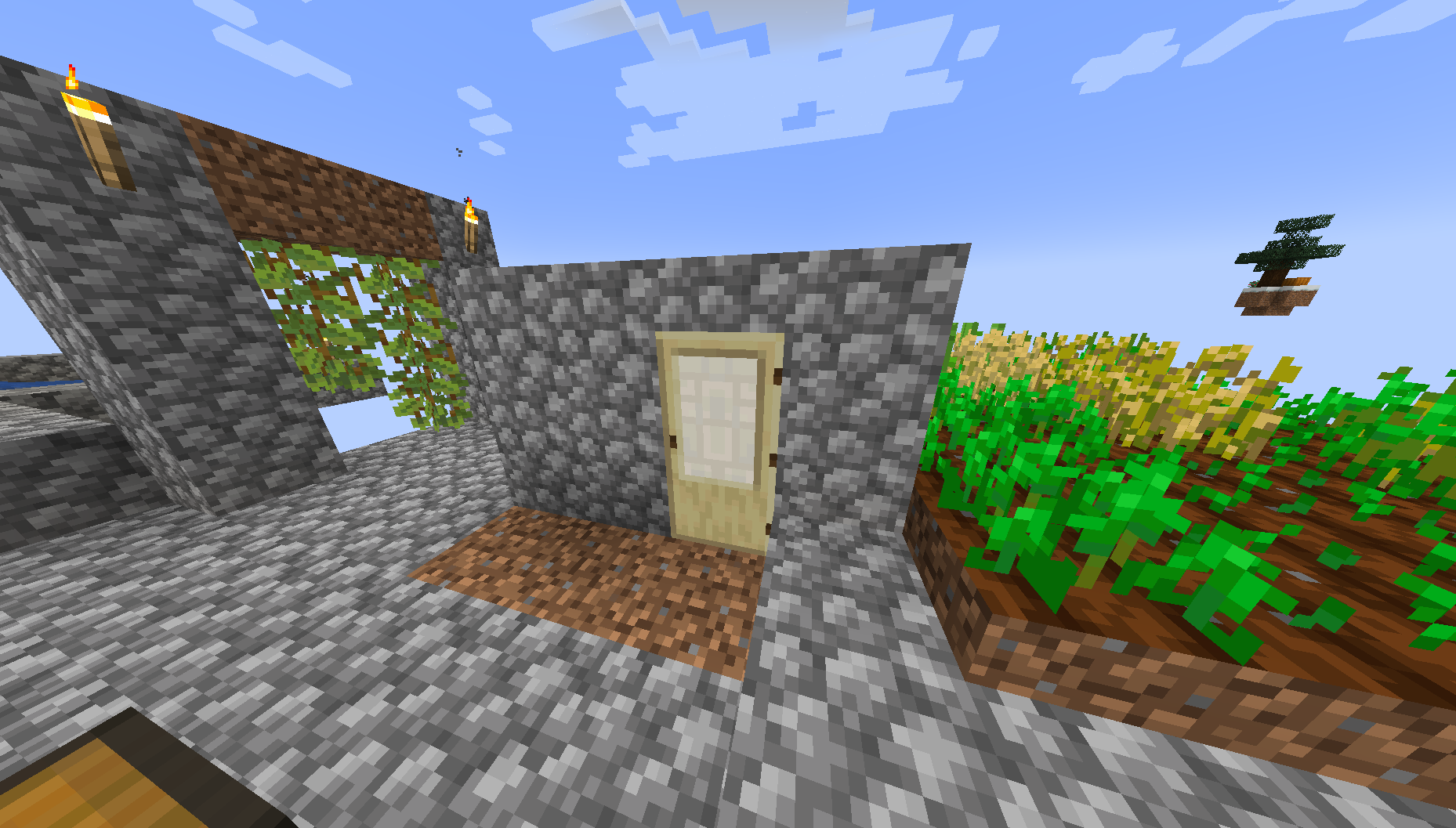 A screenshot of a small cobblestone hut in Minecraft