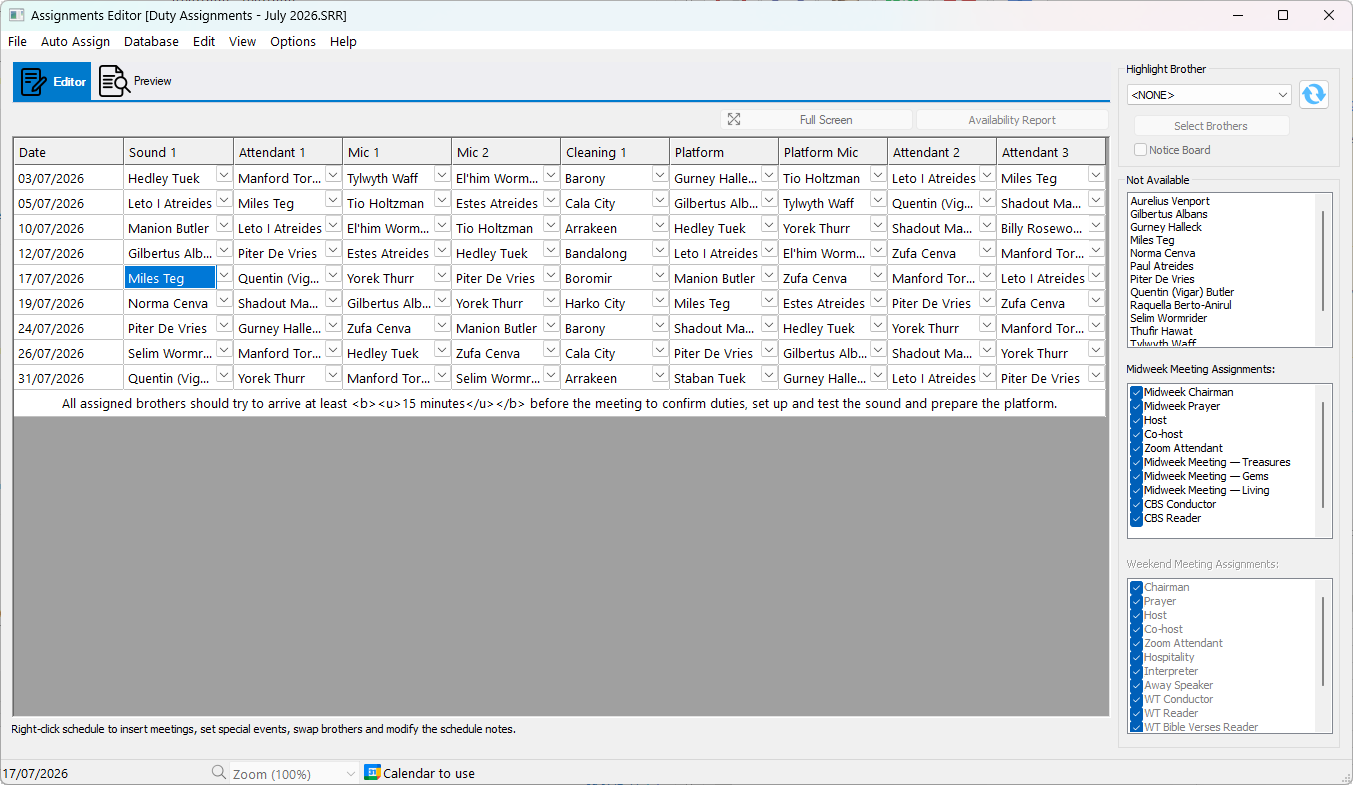 Assignments Editor showing a spreadsheet-style duty schedule with publisher assignments.