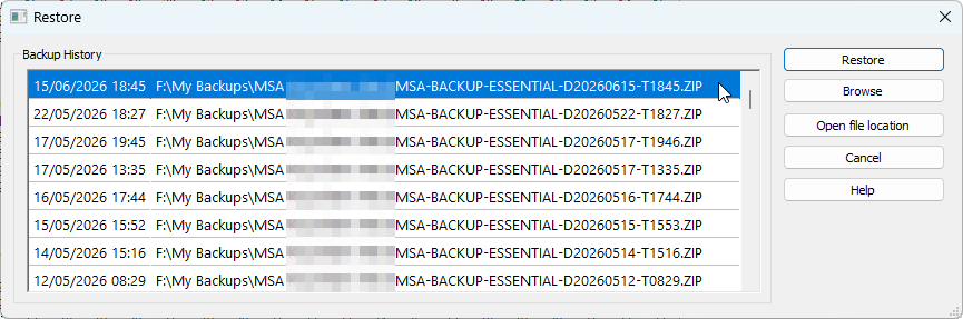 Restore Settings window showing the Backup History list with multiple ZIP files sorted by date and time. The right‑hand panel includes buttons for Restore, Browse, Open File Location, Cancel, and Help.