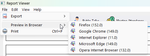 Report Viewer window showing the File → Export → Preview in Browser menu. A submenu lists available browsers for previewing reports: Firefox (152.0), Google Chrome (149.0), Internet Explorer (11.0), Microsoft Edge (149.0), and Opera Internet Browser (132.0). The Preview in Browser option is highlighted with a pointer.