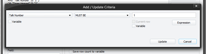 Add / Update Criteria Window