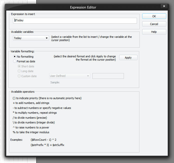 Expression Editor Window