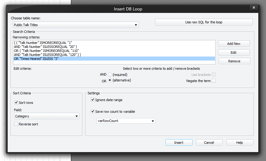 Insert DB Loop Window