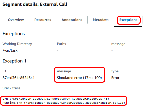Trace showing custom segment exception