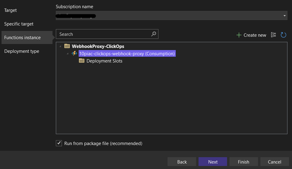 Visual Studio publish wizard showing manually-created resources
