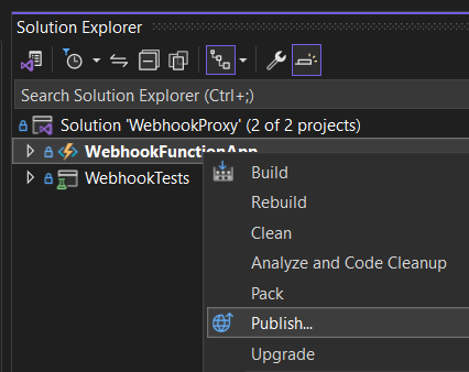 Visual Studio option to publish an Azure Function