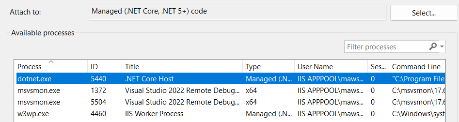 Selecting the remote dotnet process to attach the debugger