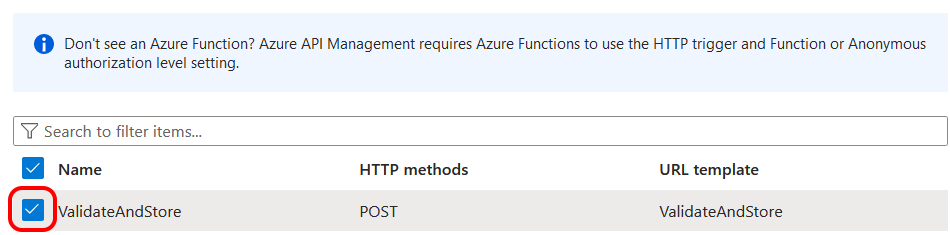 API Management UI listing Azure Functions
