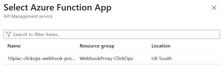 API Management showing Select Azure Function App