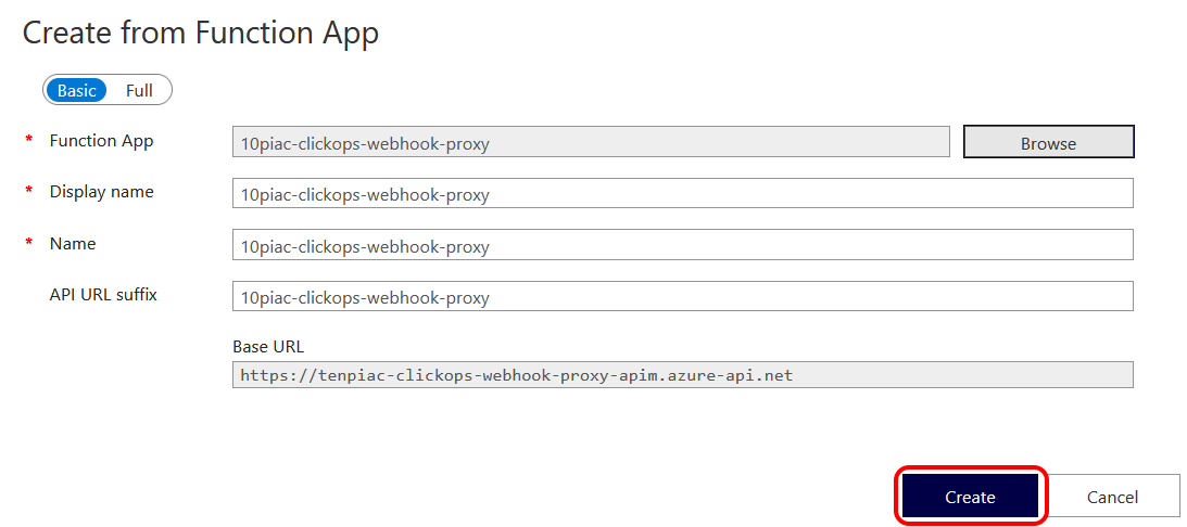 API Management showing Create from Function App