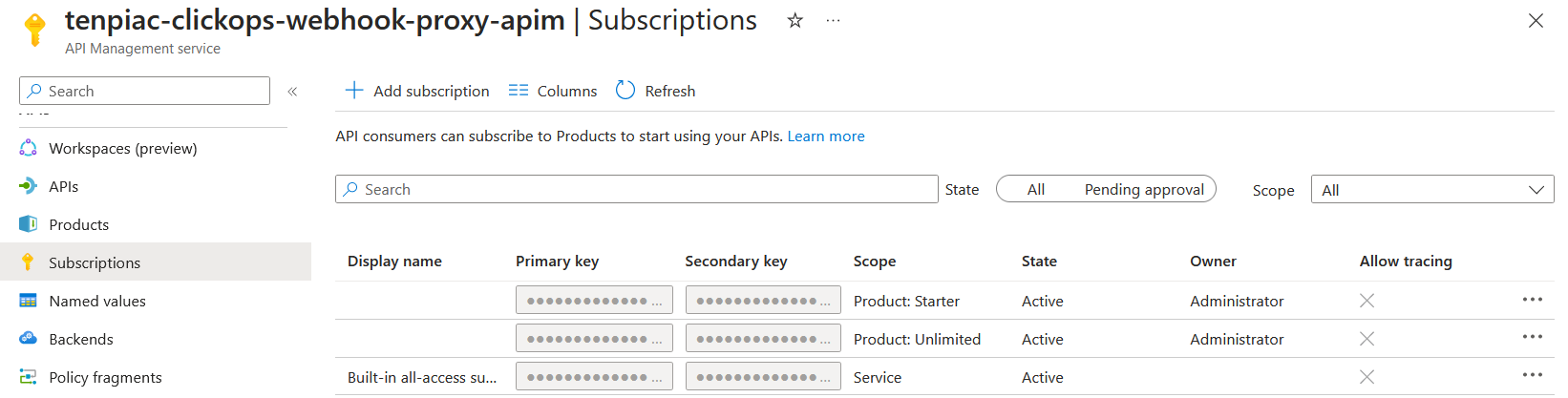 API Management UI showing subscription list
