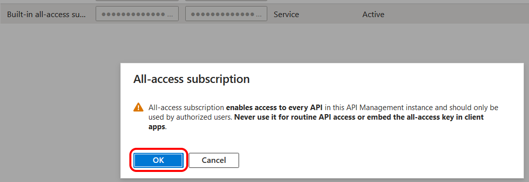 API Management UI showing warning about using the all-access subscription