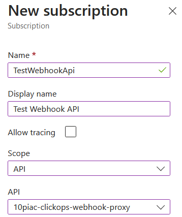API Management UI showing create new subscription wizard