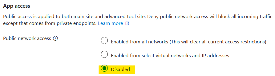 Function App UI showing all public network access disabled