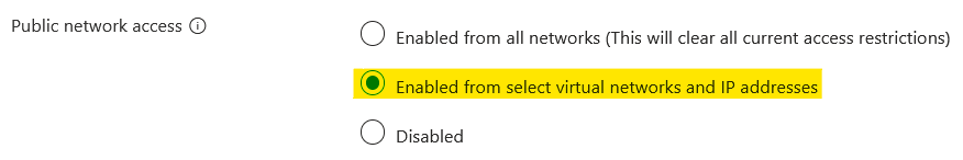 Function App UI showing public network access enabled from selected endpoints
