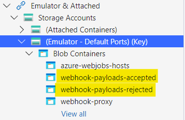 Storage Explorer showing containers in emulated storage