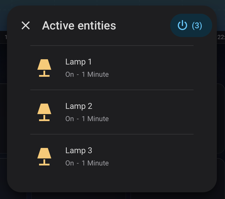 Orbit Status Badge Active entities dialog using the dark theme