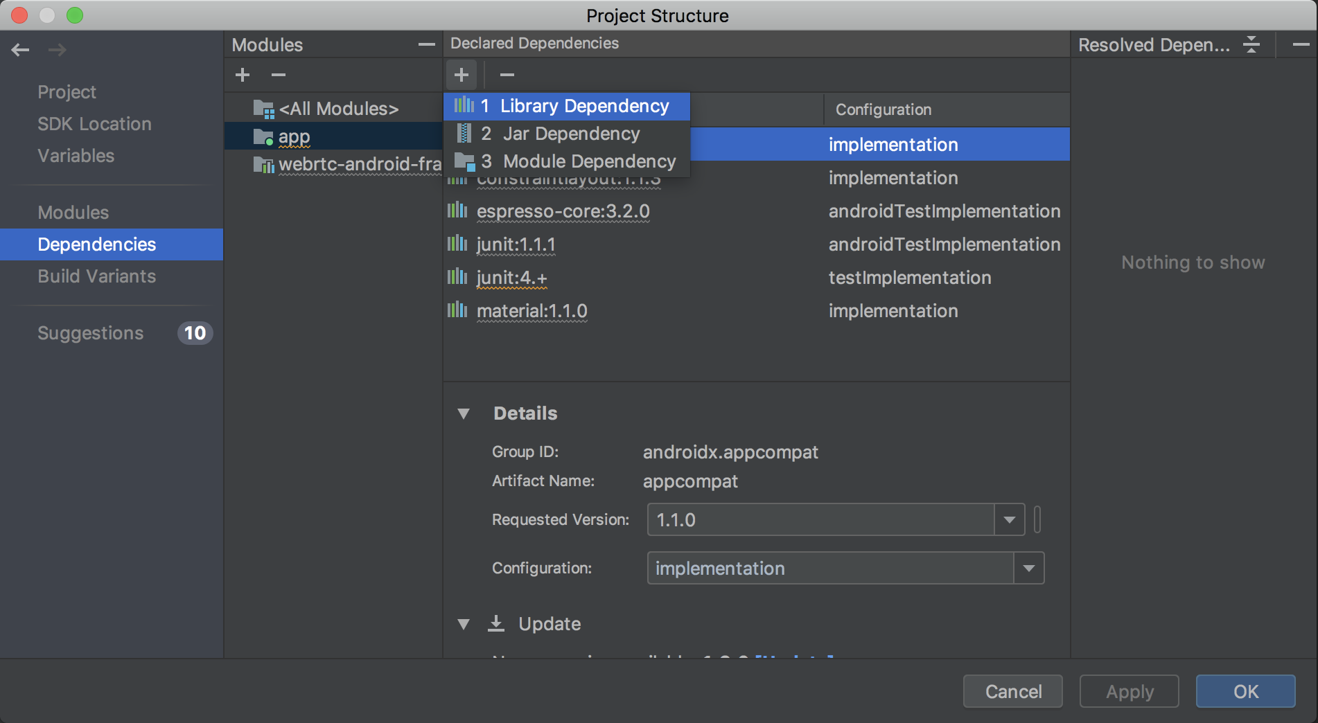 Adding dependency to Android Project App Module