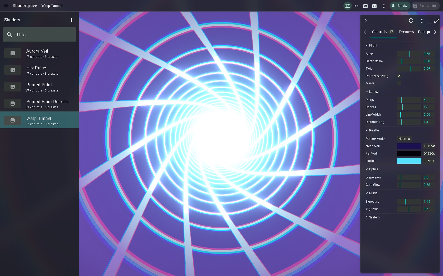 Shadergrove workspace showing Warp Tunnel and its generated controls
