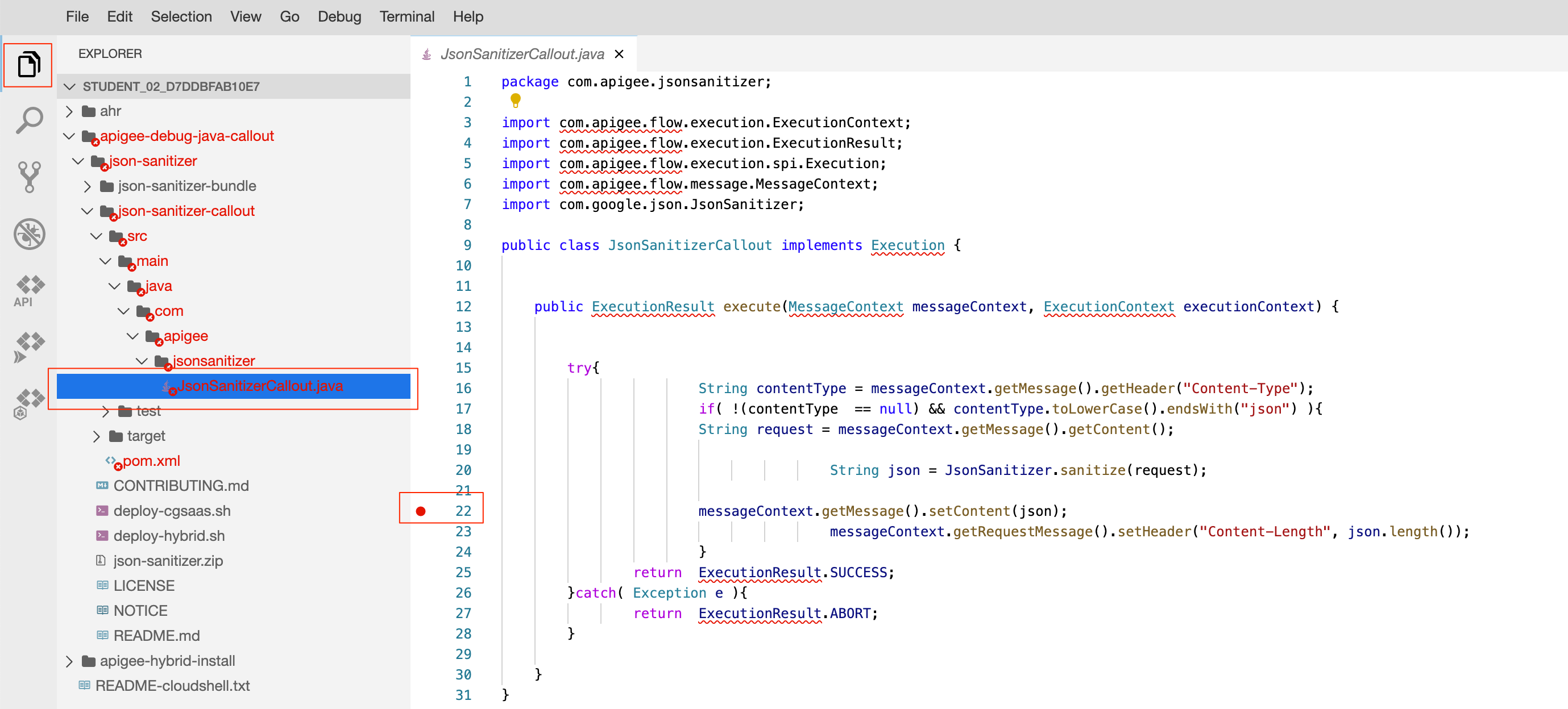 Explorer pane; Set breakpoint