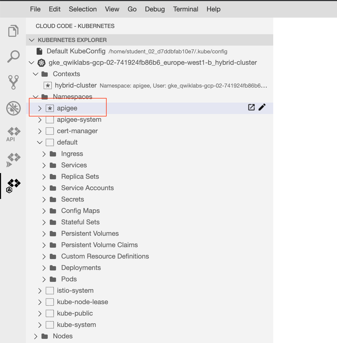 Kubernetes Explorer default ns apigee