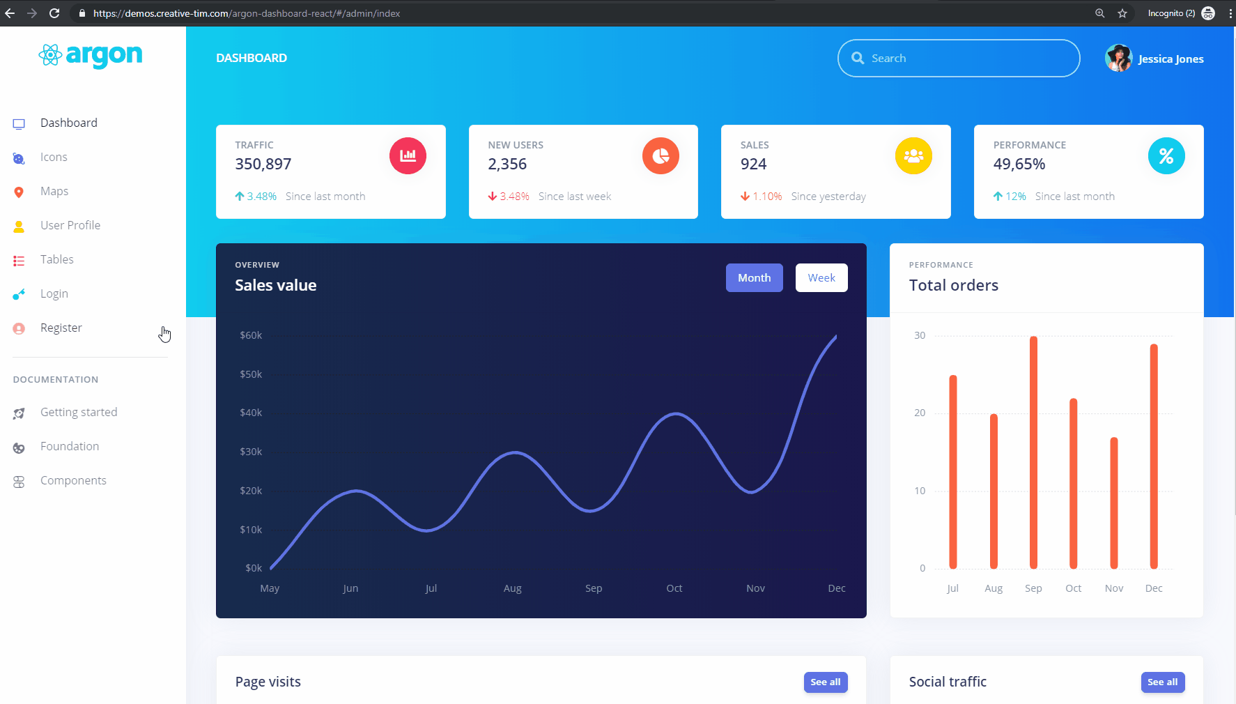 React Dashboard Argon - animated presentation.