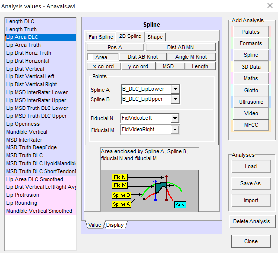 Image showing the Analysis Values dialog with a Spline Area Analysis Value selected