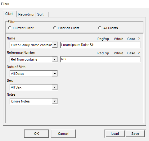 Image showing the Filter dialog, with arbitrary example settings shown