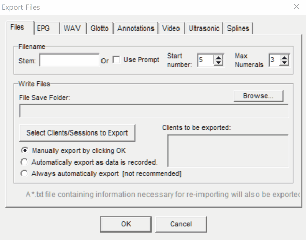 Animation showing the Export Files dialog being used to export audio, ultrasound, video and annotation data