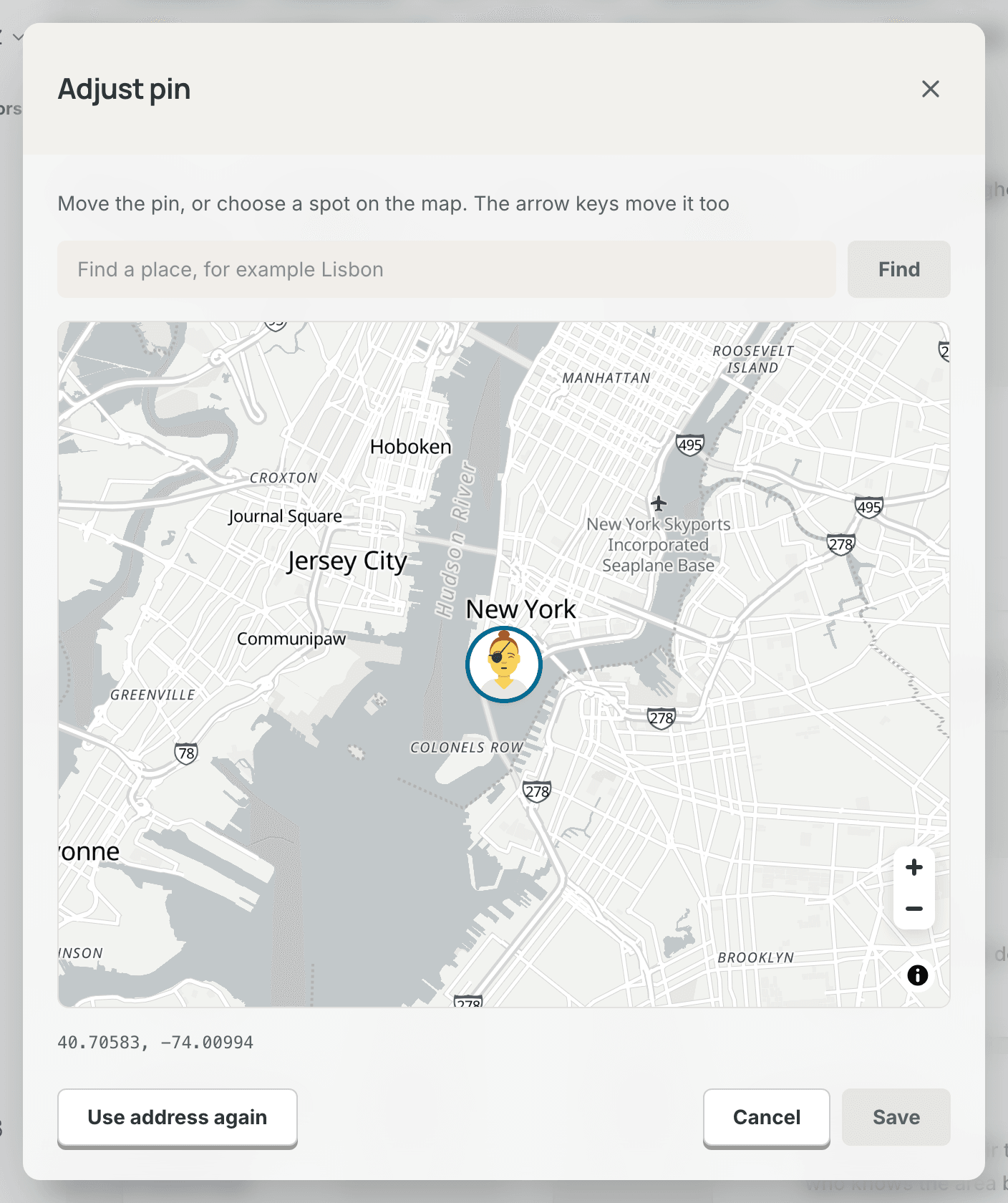 The Adjust pin dialog with the Find a place box, the pin on a small map and its coordinates under it