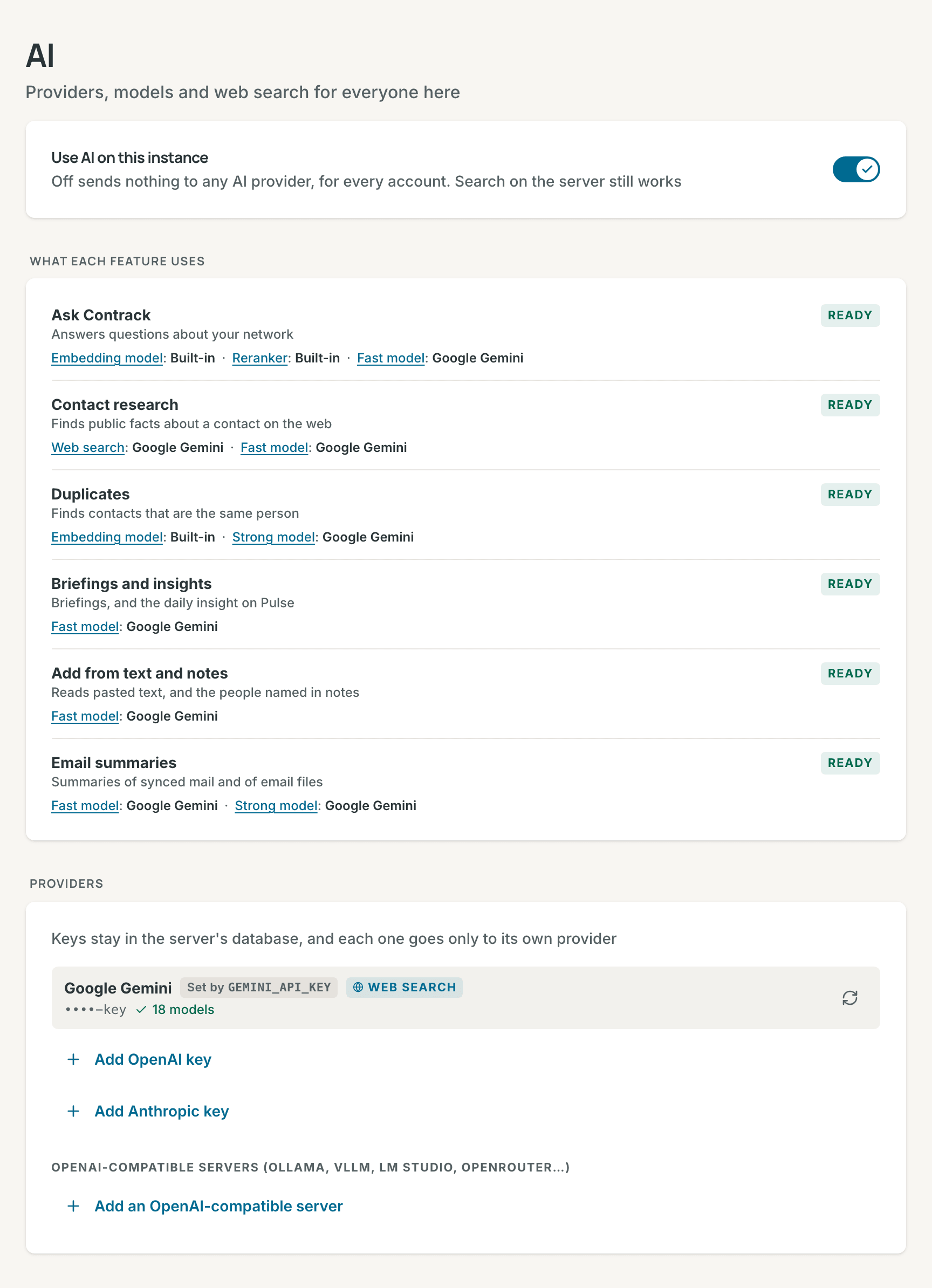 Settings, Administration, AI: the switch for the instance, what each feature uses, and the providers