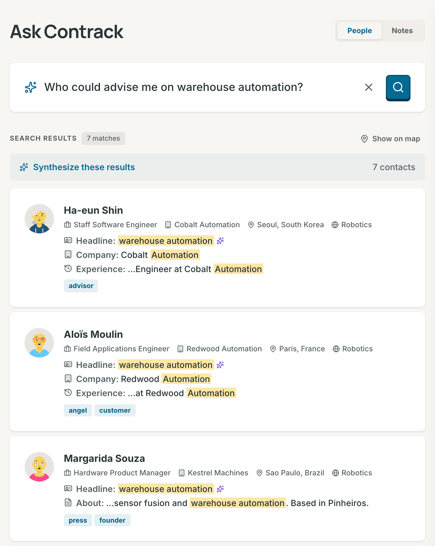 Ask Contrack in People mode, with verified matches and the fields that match under each name