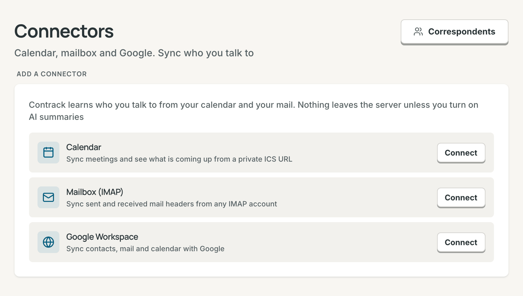 Settings, Connectors: Calendar, Mailbox (IMAP), and Google Workspace, each with a Connect button