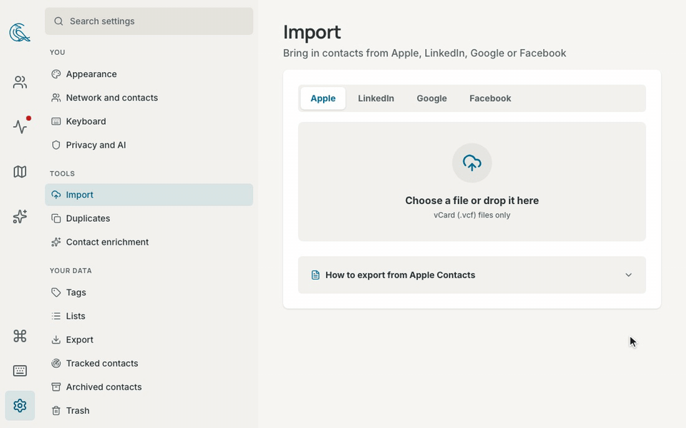 A contacts file dropped on the Import page: the import runs, merges one duplicate by itself, and lists three to review