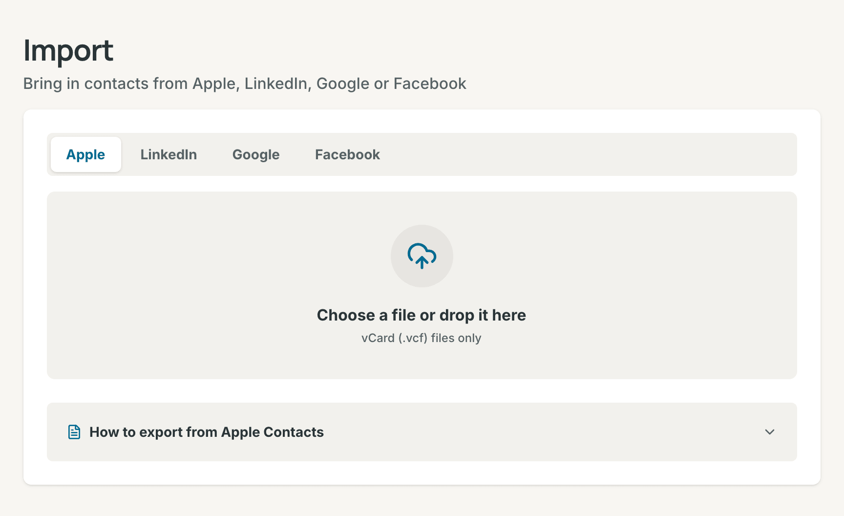 Settings, Import: the four source tabs, the drop zone, and the export guide