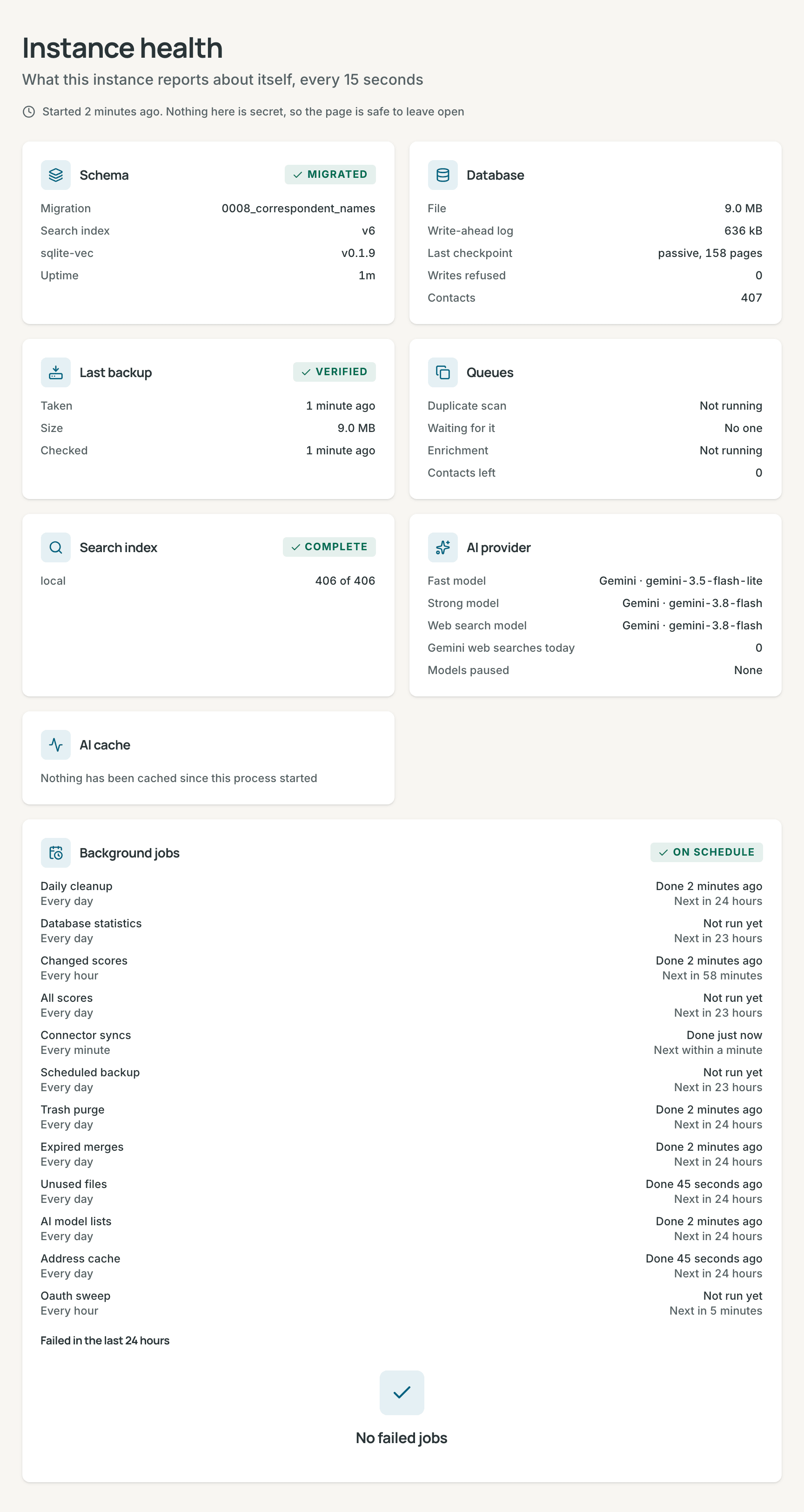 Settings, Administration, Instance health: the schema, the database, the last backup, the queues, and the Fast, Strong and web search models