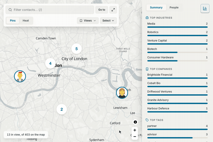A lasso drawn around part of London, then the selection bar, the bulk bar and the People list of the people selected