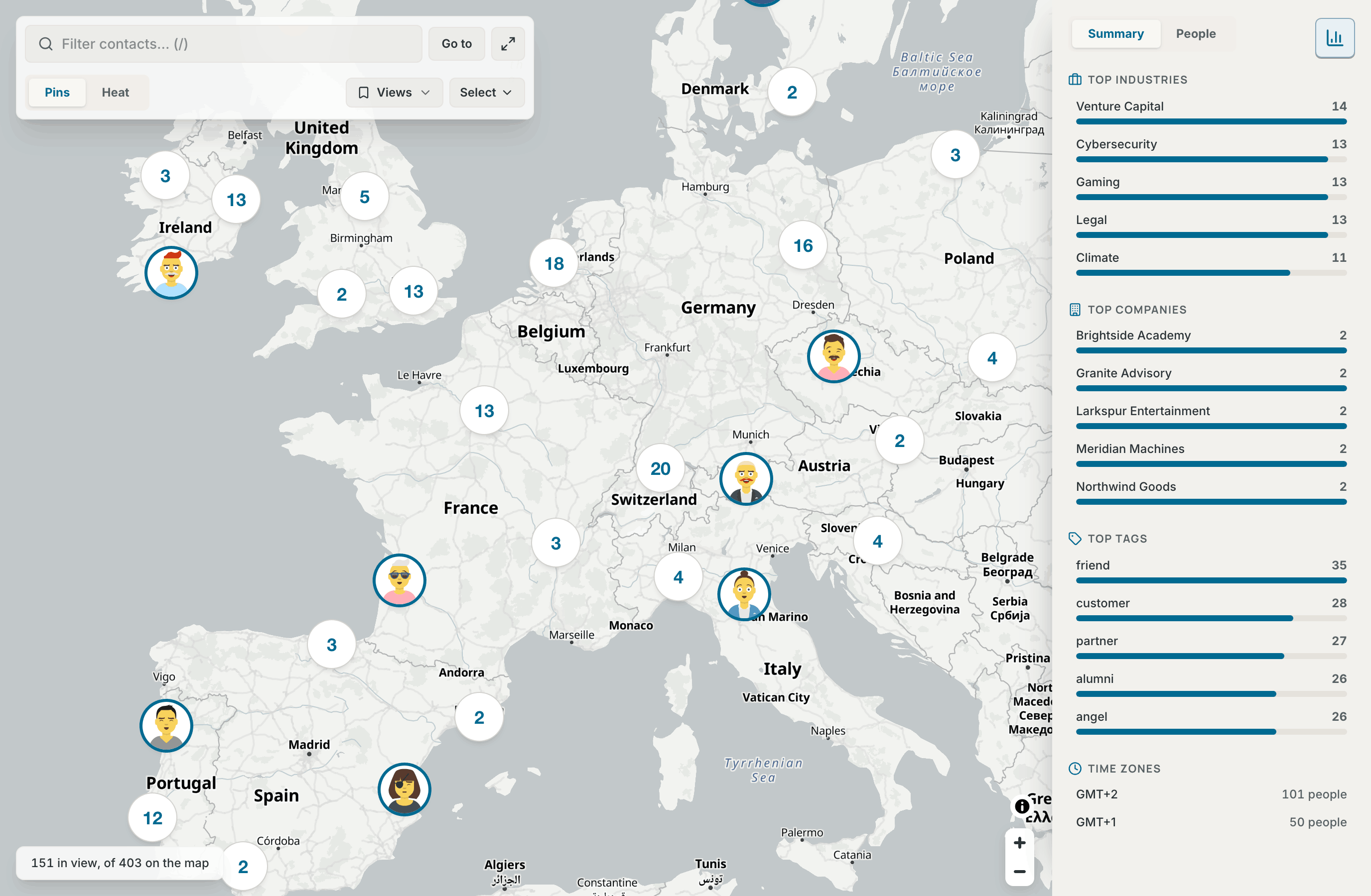 The map with contact pins, number clusters and the Map insights panel open on the right